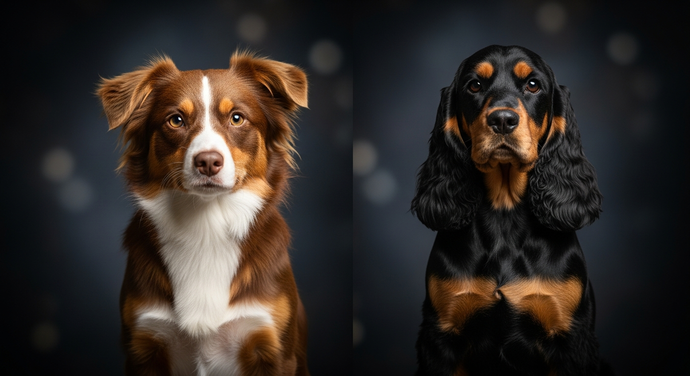 Comparaison Berger Américain Miniature vs Cocker Américain Noir - Noir Et Feu / Marron - Marron Et Feu